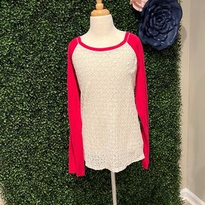 Ivory and hot pink/wine dressy raglan top